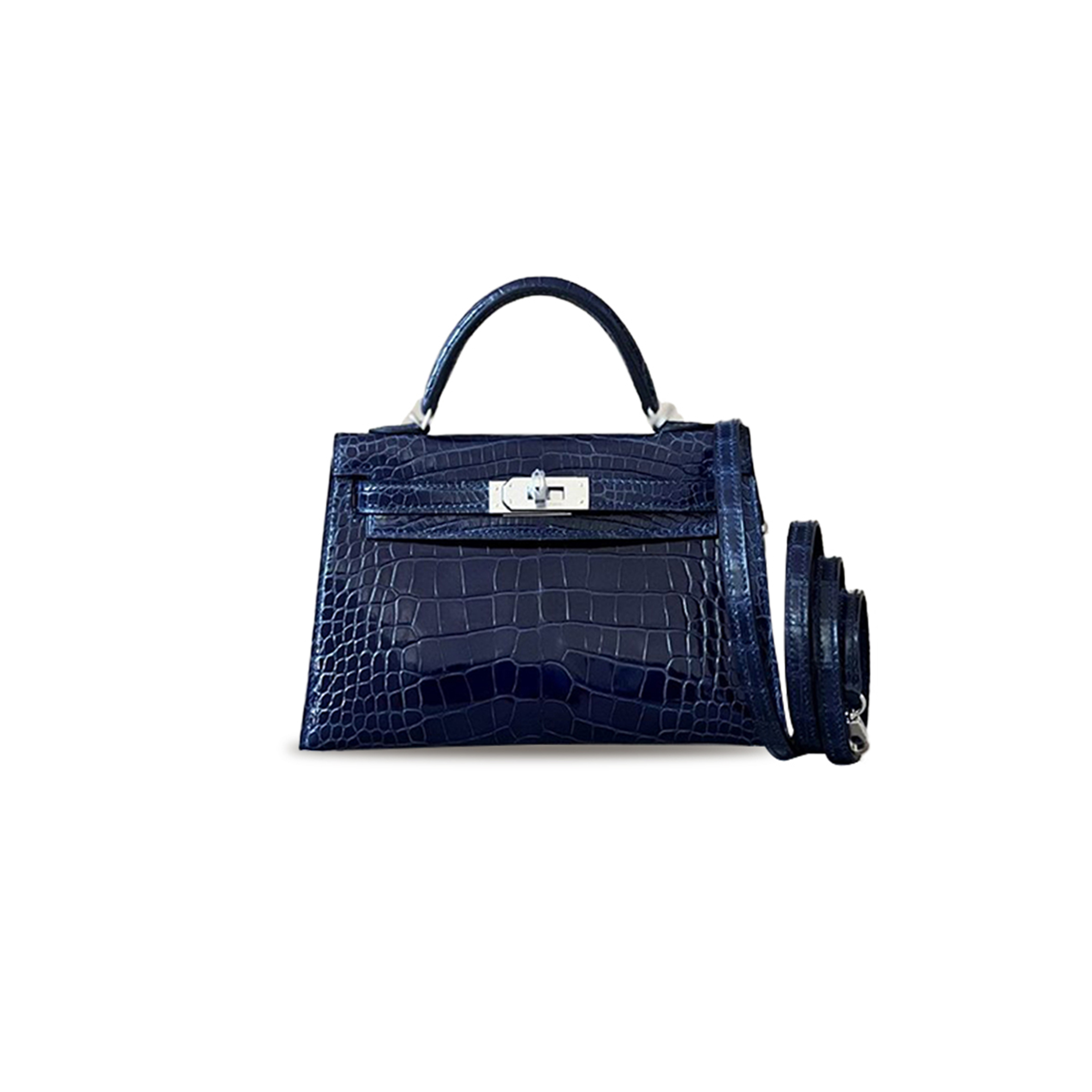 H**mes master mini kelly ii sellier bleu saphir shiny alligator palladium hardware (19*12*5.5cm)